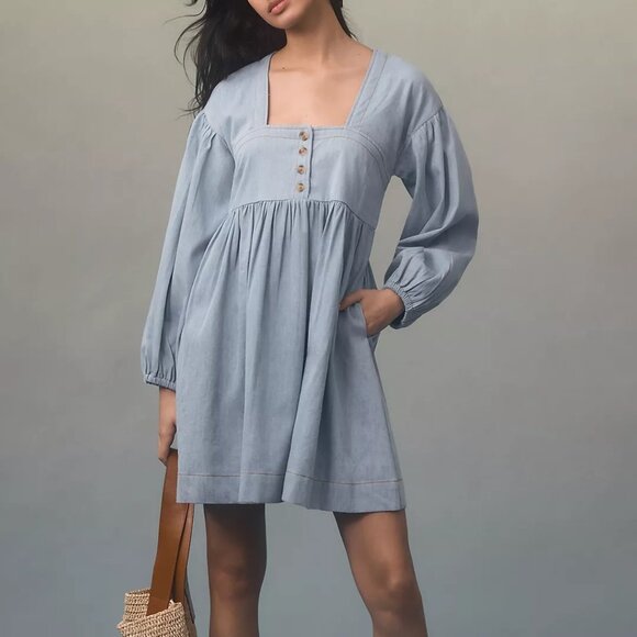 Anthropologie Long-Sleeve Square-Neck Denim Babydoll Mini Dress - Picture 1 of 3